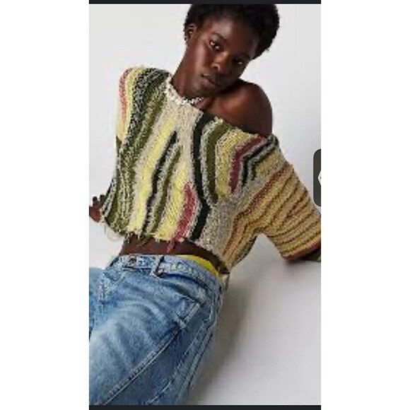 FREE PEOPLE Baja Pullover - Green Off The Shoulder Sweaters Boxy Cropped small - Picture 1 of 5